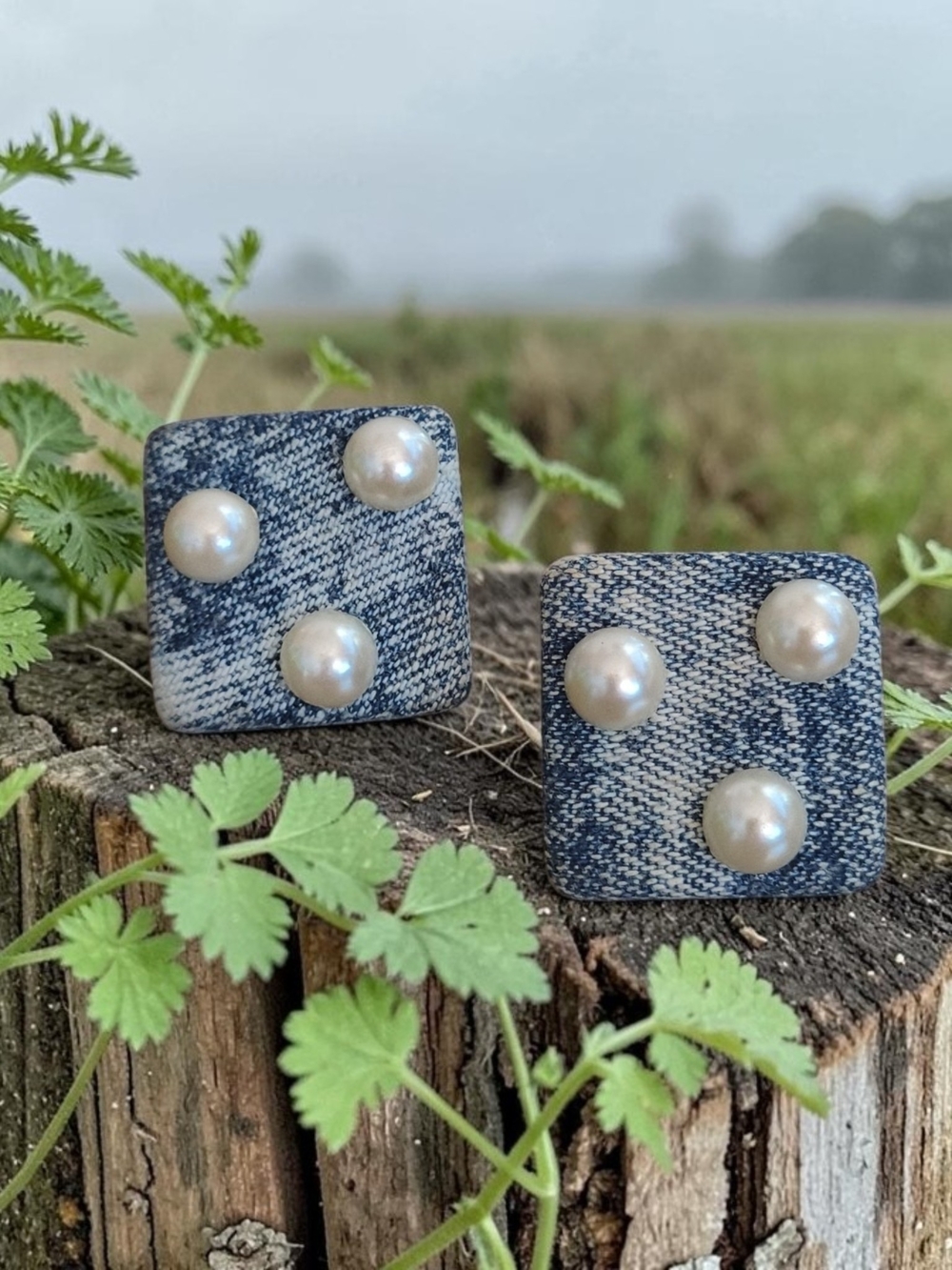 Denim Square Earrings with Pearl Accents